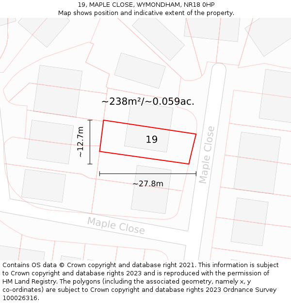 19, MAPLE CLOSE, WYMONDHAM, NR18 0HP: Plot and title map
