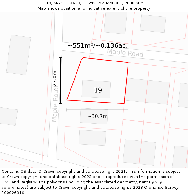 19, MAPLE ROAD, DOWNHAM MARKET, PE38 9PY: Plot and title map