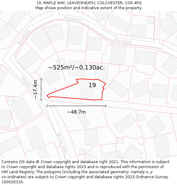 19, MAPLE WAY, LEAVENHEATH, COLCHESTER, CO6 4PQ: Plot and title map