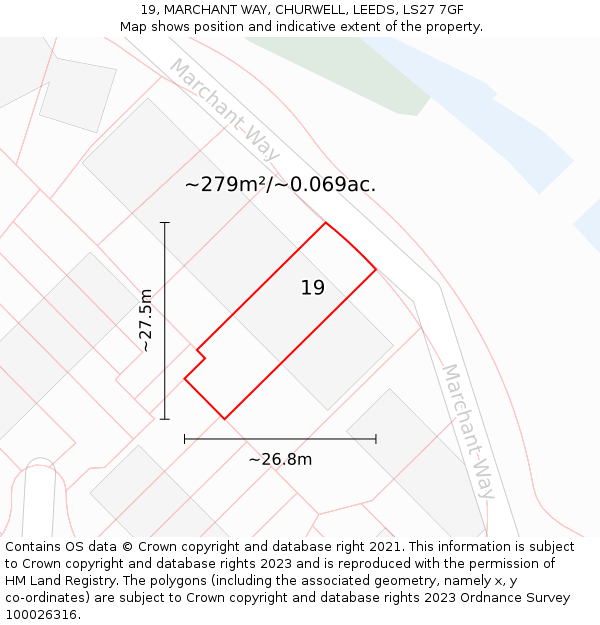 19, MARCHANT WAY, CHURWELL, LEEDS, LS27 7GF: Plot and title map