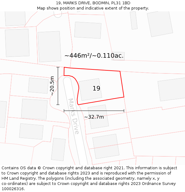 19, MARKS DRIVE, BODMIN, PL31 1BD: Plot and title map