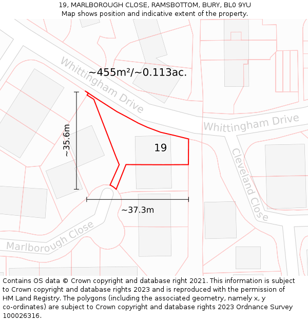 19, MARLBOROUGH CLOSE, RAMSBOTTOM, BURY, BL0 9YU: Plot and title map