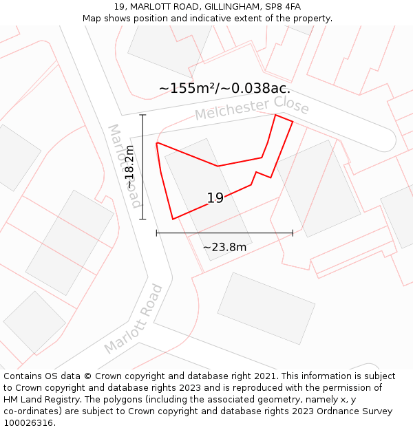 19, MARLOTT ROAD, GILLINGHAM, SP8 4FA: Plot and title map