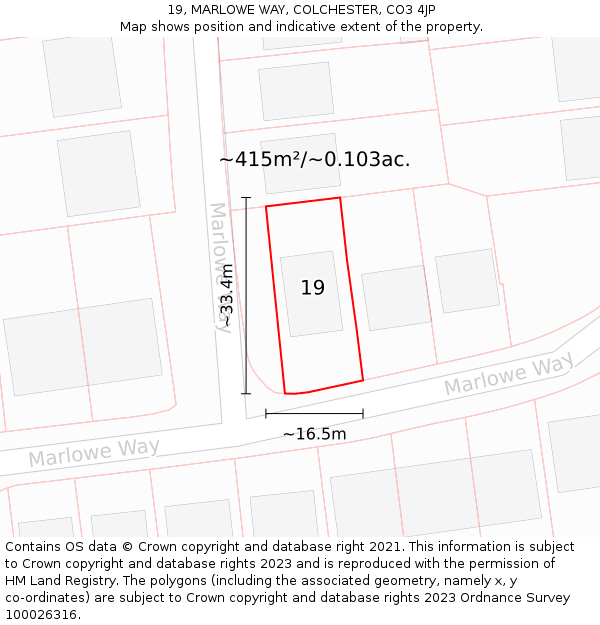 19, MARLOWE WAY, COLCHESTER, CO3 4JP: Plot and title map