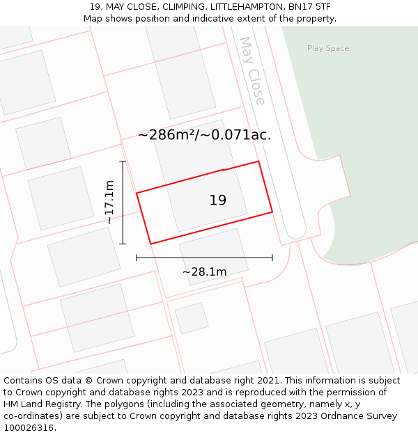19, MAY CLOSE, CLIMPING, LITTLEHAMPTON, BN17 5TF: Plot and title map