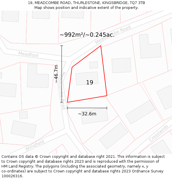 19, MEADCOMBE ROAD, THURLESTONE, KINGSBRIDGE, TQ7 3TB: Plot and title map