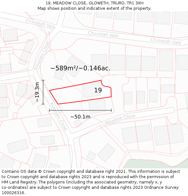 19, MEADOW CLOSE, GLOWETH, TRURO, TR1 3XH: Plot and title map