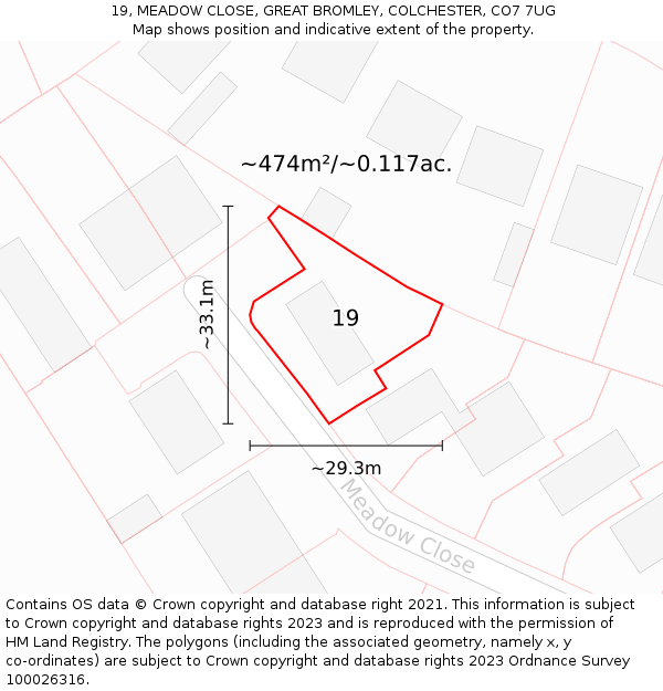 19, MEADOW CLOSE, GREAT BROMLEY, COLCHESTER, CO7 7UG: Plot and title map