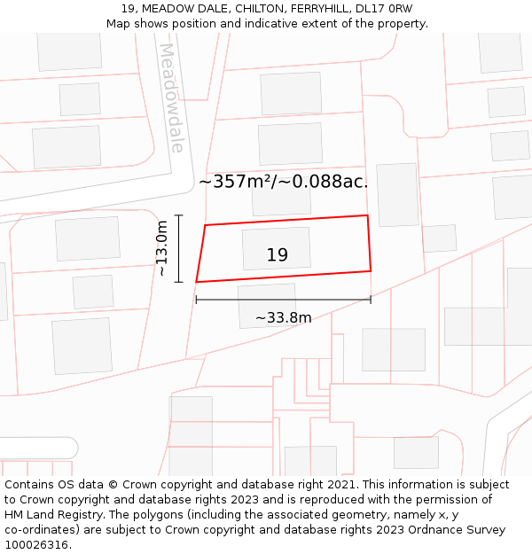 19, MEADOW DALE, CHILTON, FERRYHILL, DL17 0RW: Plot and title map