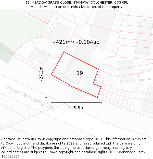 19, MEADOW GRASS CLOSE, STANWAY, COLCHESTER, CO3 0PL: Plot and title map