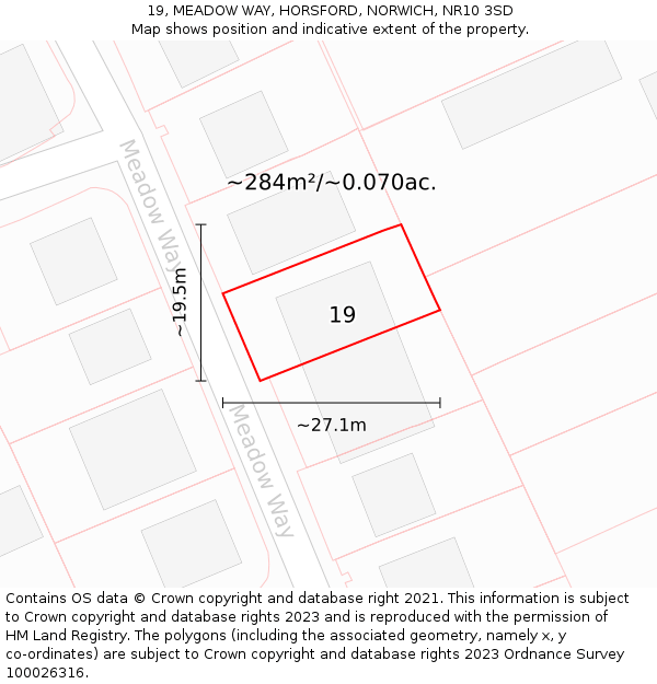 19, MEADOW WAY, HORSFORD, NORWICH, NR10 3SD: Plot and title map