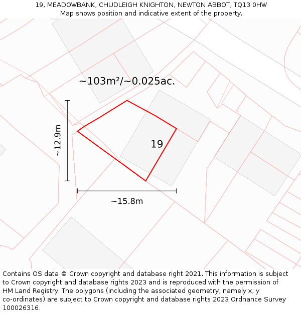 19, MEADOWBANK, CHUDLEIGH KNIGHTON, NEWTON ABBOT, TQ13 0HW: Plot and title map