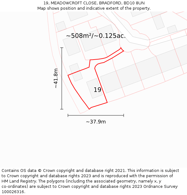19, MEADOWCROFT CLOSE, BRADFORD, BD10 8UN: Plot and title map