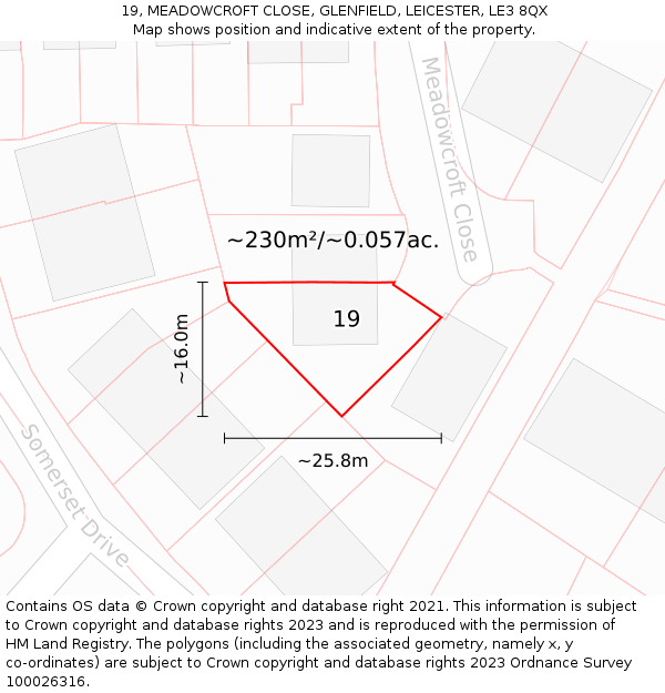 19, MEADOWCROFT CLOSE, GLENFIELD, LEICESTER, LE3 8QX: Plot and title map