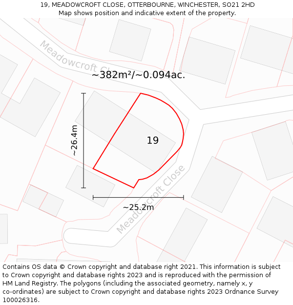 19, MEADOWCROFT CLOSE, OTTERBOURNE, WINCHESTER, SO21 2HD: Plot and title map