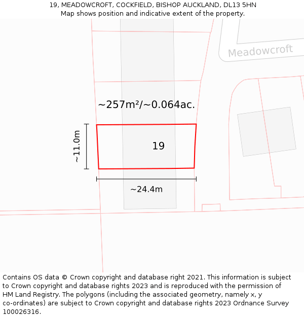 19, MEADOWCROFT, COCKFIELD, BISHOP AUCKLAND, DL13 5HN: Plot and title map
