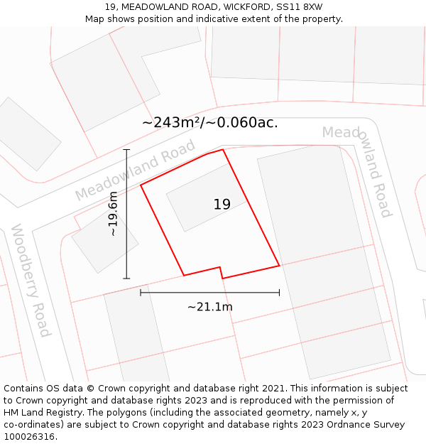 19, MEADOWLAND ROAD, WICKFORD, SS11 8XW: Plot and title map