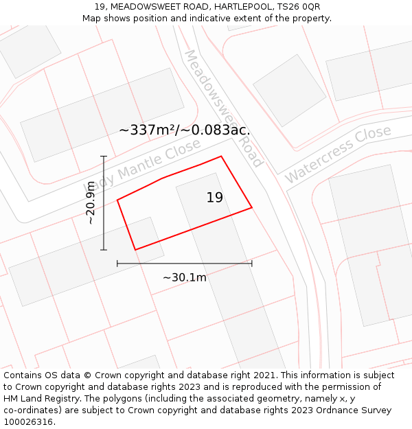 19, MEADOWSWEET ROAD, HARTLEPOOL, TS26 0QR: Plot and title map