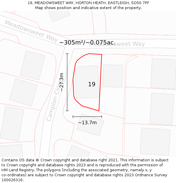 19, MEADOWSWEET WAY, HORTON HEATH, EASTLEIGH, SO50 7PF: Plot and title map