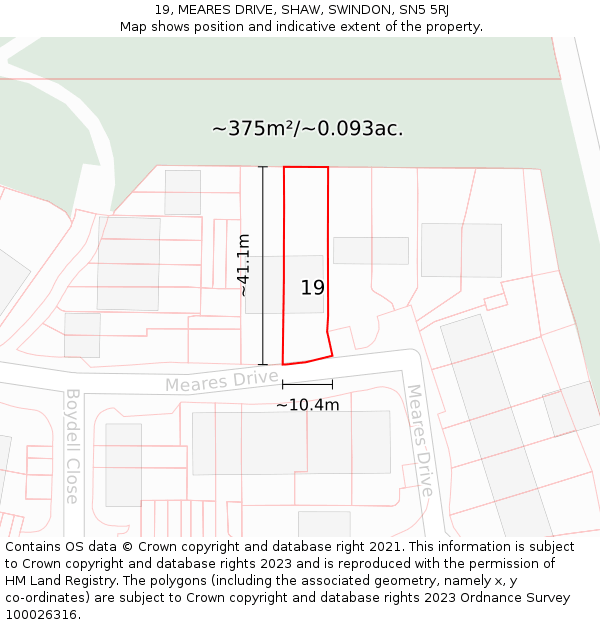 19, MEARES DRIVE, SHAW, SWINDON, SN5 5RJ: Plot and title map