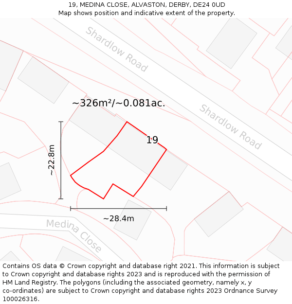 19, MEDINA CLOSE, ALVASTON, DERBY, DE24 0UD: Plot and title map