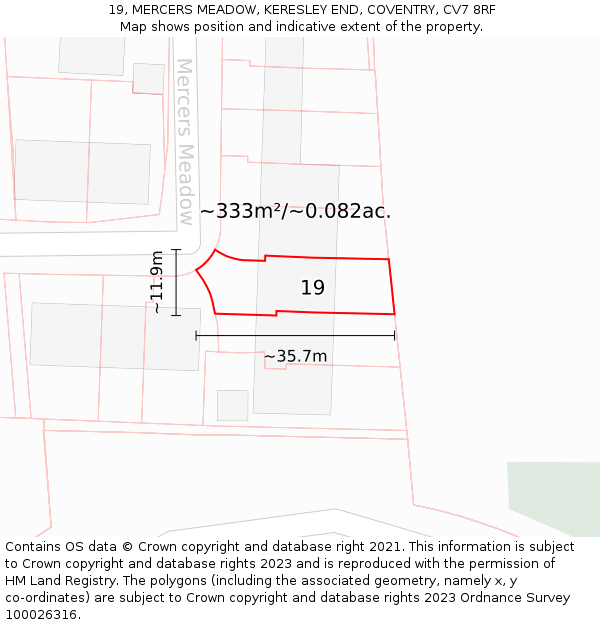 19, MERCERS MEADOW, KERESLEY END, COVENTRY, CV7 8RF: Plot and title map