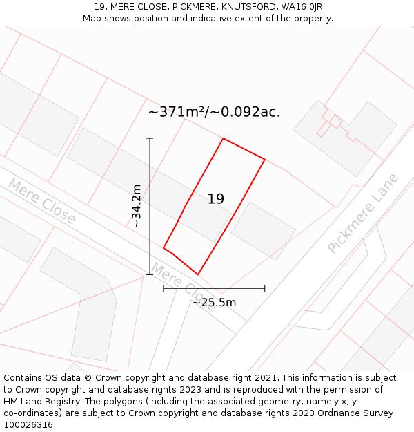 19, MERE CLOSE, PICKMERE, KNUTSFORD, WA16 0JR: Plot and title map