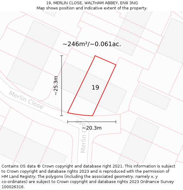 19, MERLIN CLOSE, WALTHAM ABBEY, EN9 3NG: Plot and title map