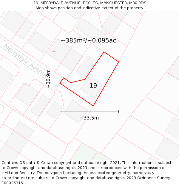 19, MERRYDALE AVENUE, ECCLES, MANCHESTER, M30 9DS: Plot and title map