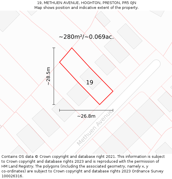 19, METHUEN AVENUE, HOGHTON, PRESTON, PR5 0JN: Plot and title map