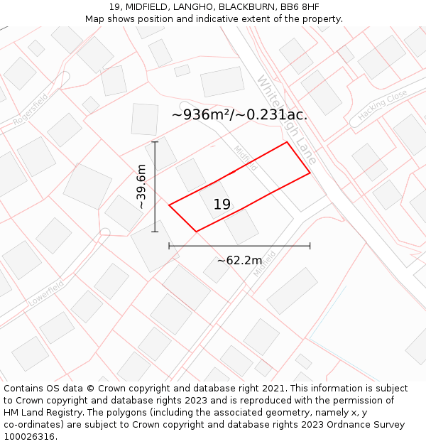 19, MIDFIELD, LANGHO, BLACKBURN, BB6 8HF: Plot and title map