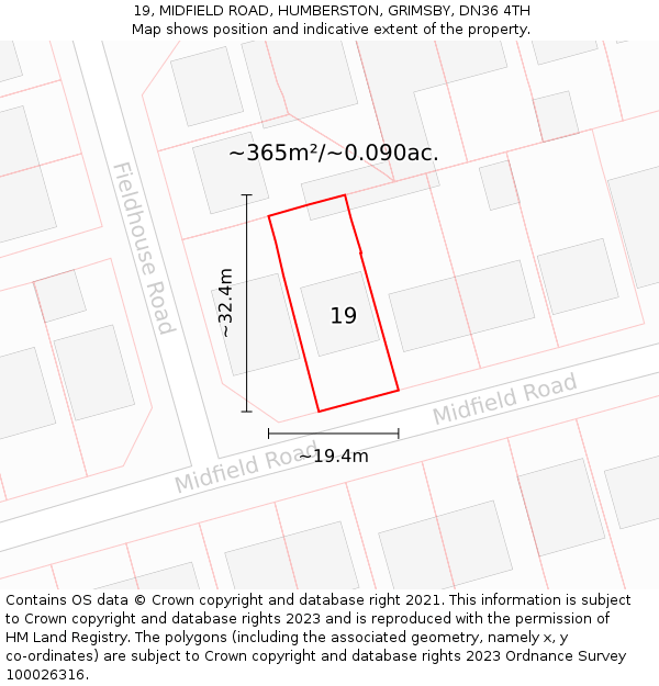 19, MIDFIELD ROAD, HUMBERSTON, GRIMSBY, DN36 4TH: Plot and title map