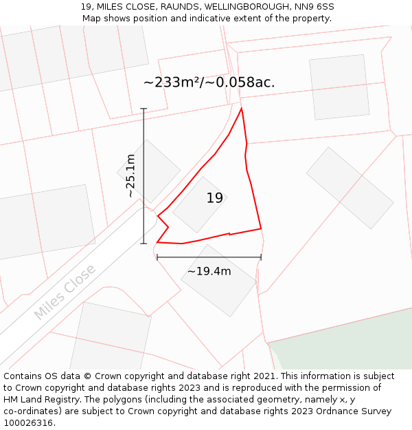 19, MILES CLOSE, RAUNDS, WELLINGBOROUGH, NN9 6SS: Plot and title map