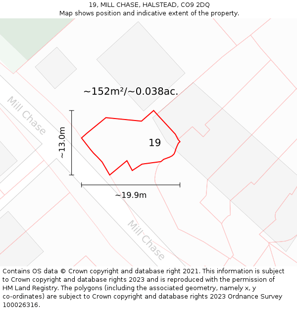 19, MILL CHASE, HALSTEAD, CO9 2DQ: Plot and title map
