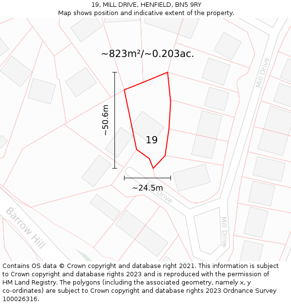 19, MILL DRIVE, HENFIELD, BN5 9RY: Plot and title map