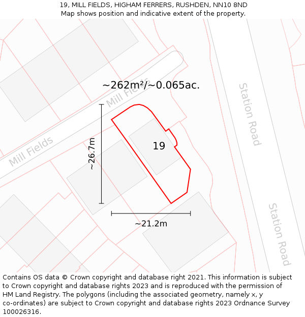 19, MILL FIELDS, HIGHAM FERRERS, RUSHDEN, NN10 8ND: Plot and title map
