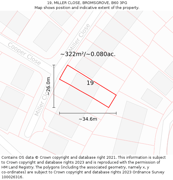 19, MILLER CLOSE, BROMSGROVE, B60 3PG: Plot and title map