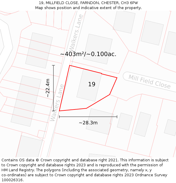 19, MILLFIELD CLOSE, FARNDON, CHESTER, CH3 6PW: Plot and title map
