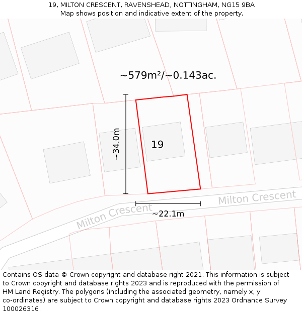 19, MILTON CRESCENT, RAVENSHEAD, NOTTINGHAM, NG15 9BA: Plot and title map