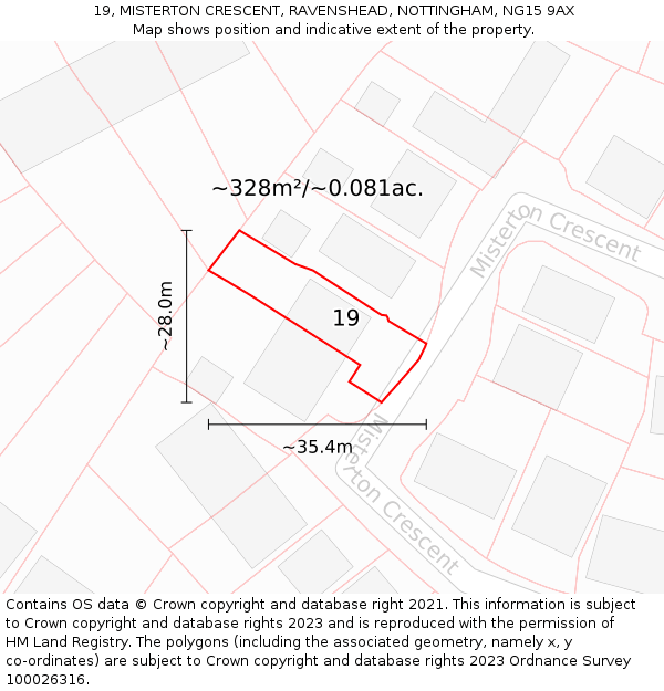 19, MISTERTON CRESCENT, RAVENSHEAD, NOTTINGHAM, NG15 9AX: Plot and title map