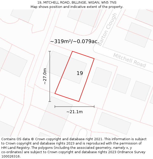 19, MITCHELL ROAD, BILLINGE, WIGAN, WN5 7NS: Plot and title map