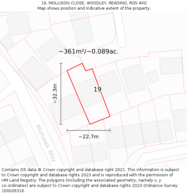 19, MOLLISON CLOSE, WOODLEY, READING, RG5 4XG: Plot and title map
