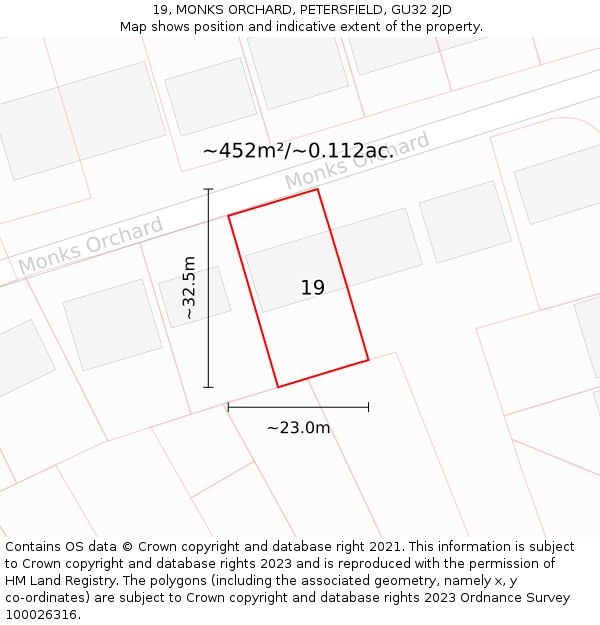 19, MONKS ORCHARD, PETERSFIELD, GU32 2JD: Plot and title map