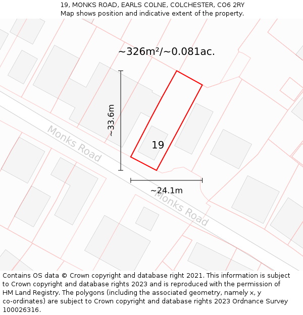 19, MONKS ROAD, EARLS COLNE, COLCHESTER, CO6 2RY: Plot and title map