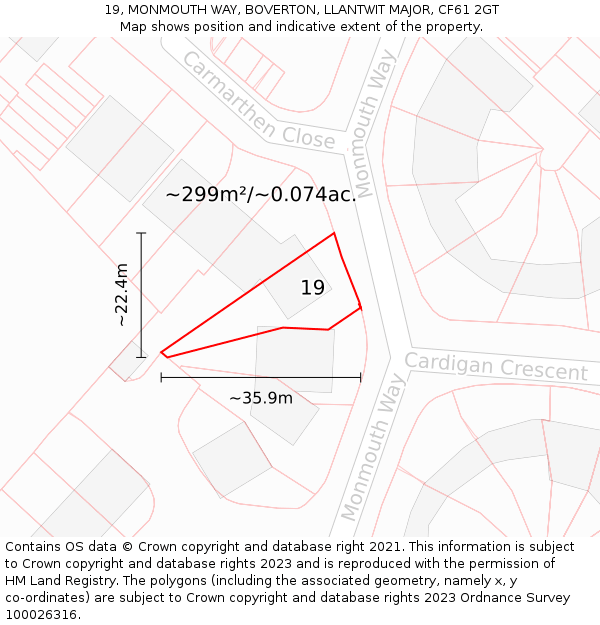 19, MONMOUTH WAY, BOVERTON, LLANTWIT MAJOR, CF61 2GT: Plot and title map