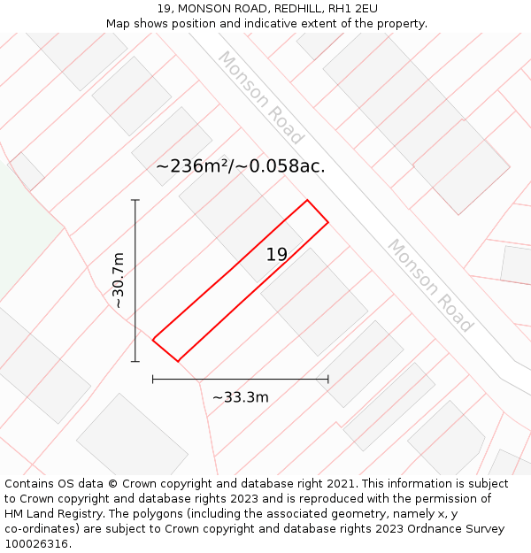 19, MONSON ROAD, REDHILL, RH1 2EU: Plot and title map