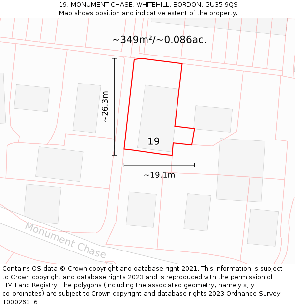 19, MONUMENT CHASE, WHITEHILL, BORDON, GU35 9QS: Plot and title map