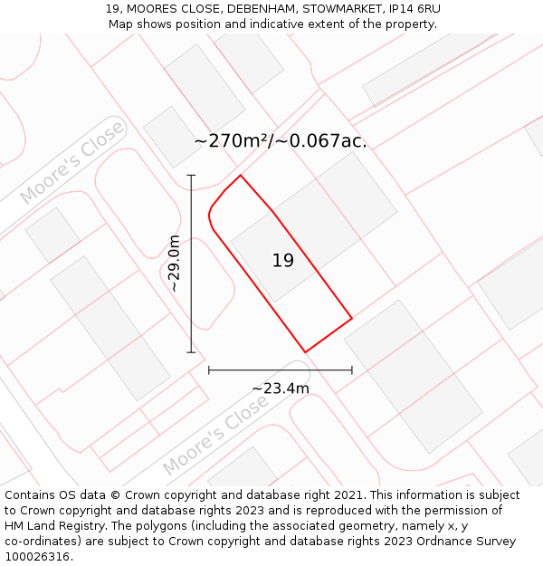 19, MOORES CLOSE, DEBENHAM, STOWMARKET, IP14 6RU: Plot and title map