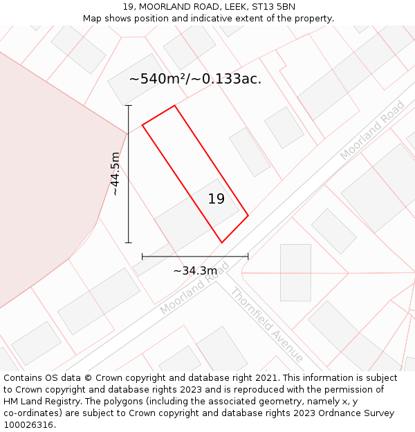 19, MOORLAND ROAD, LEEK, ST13 5BN: Plot and title map