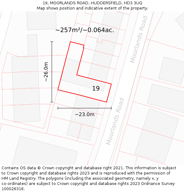 19, MOORLANDS ROAD, HUDDERSFIELD, HD3 3UQ: Plot and title map